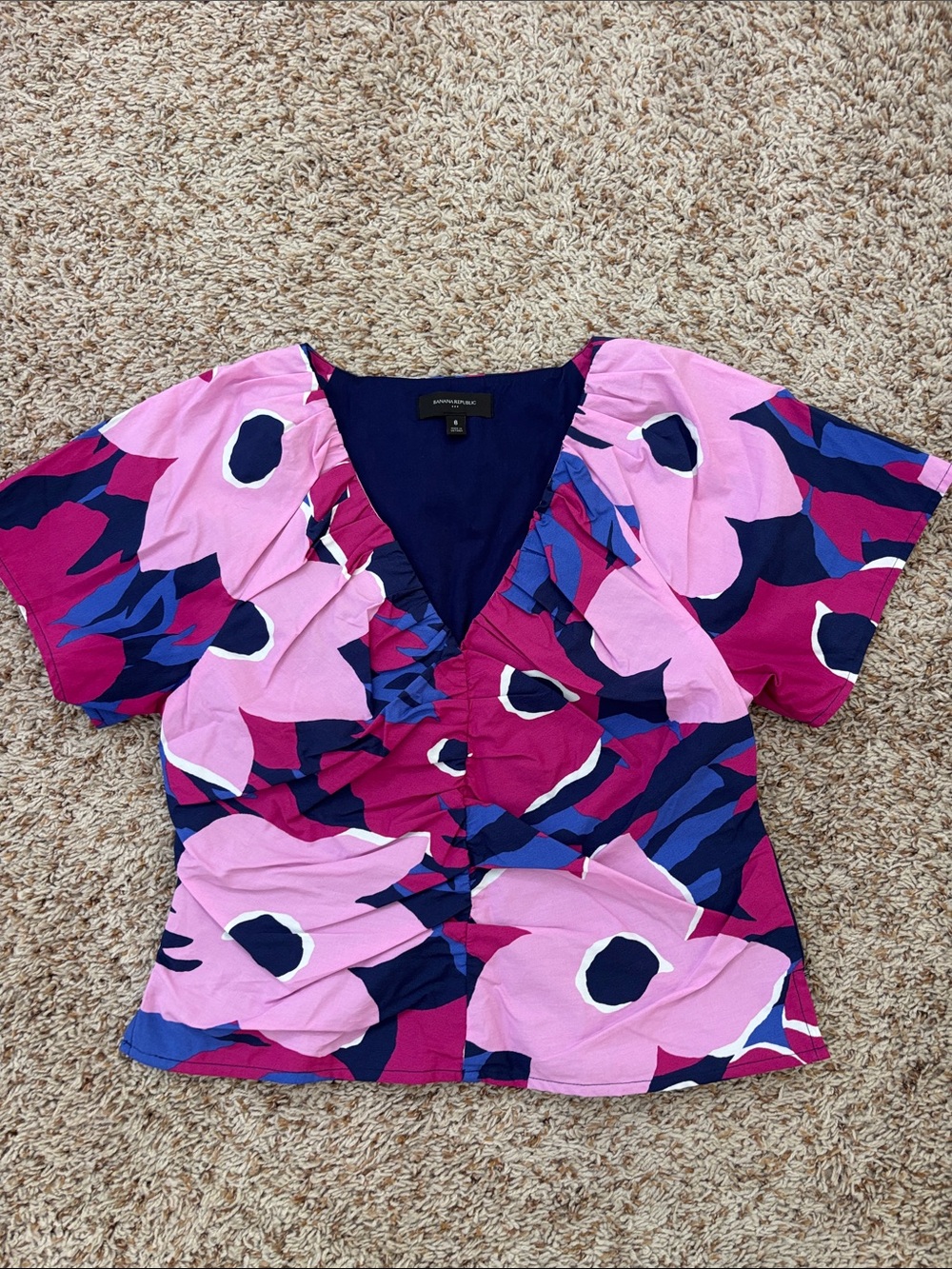 Banana Republic Pink & Navy Floral V-Neck Blouse